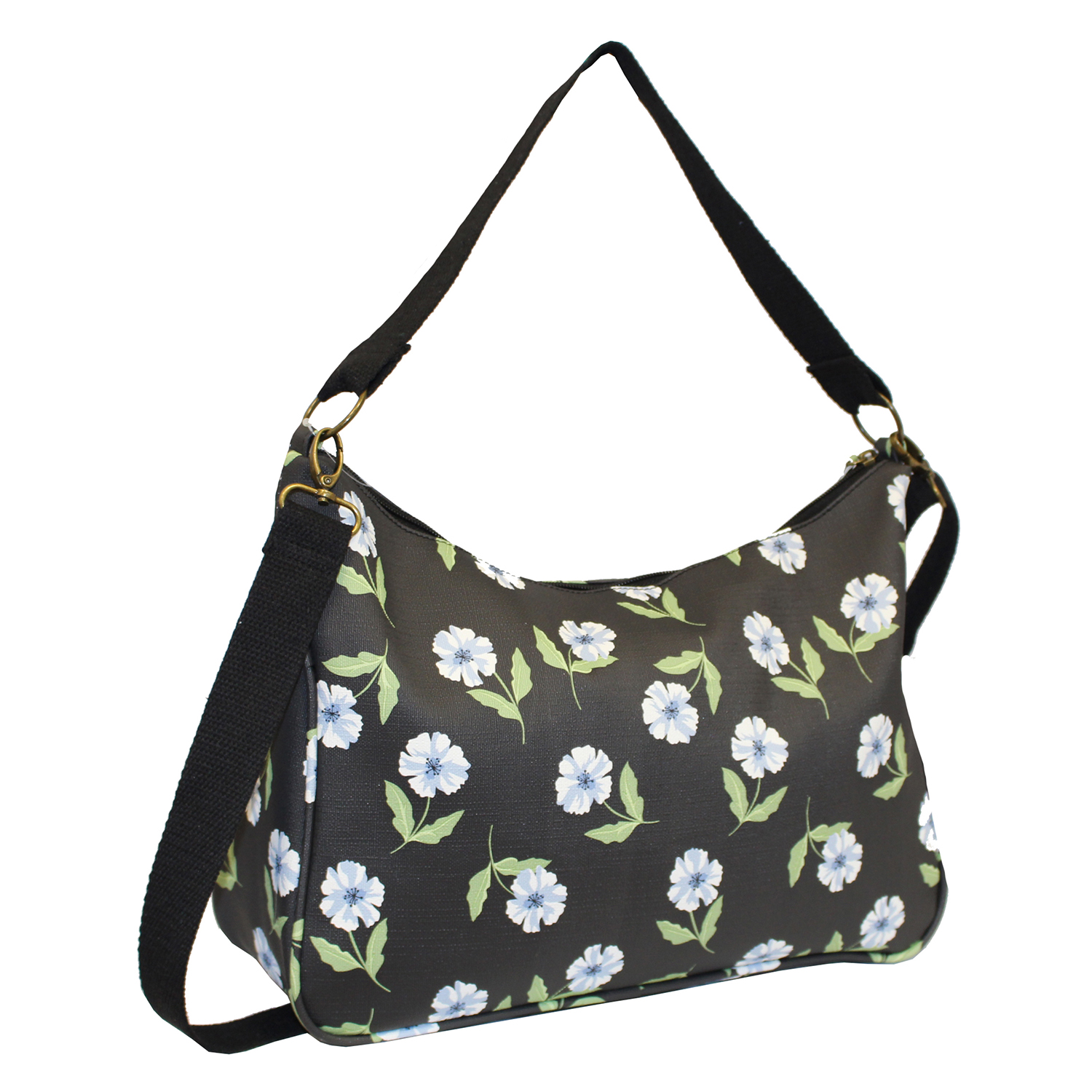 Nicole Brown Flower Pattern Shoulder Bag with 120cm Adjustable Strap in Black (Size 25x35x12 cm)