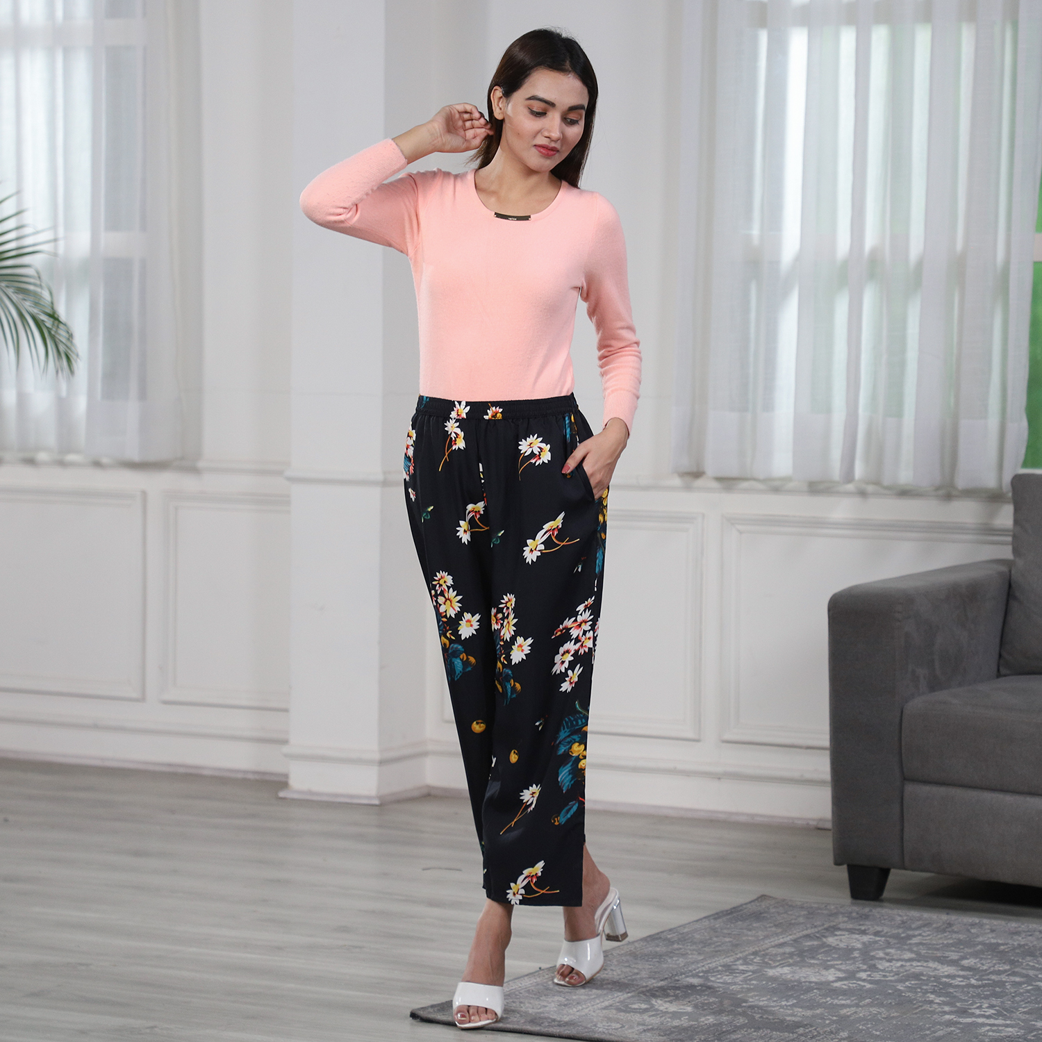 Multi Colour Floral Printed Black Trousers (Size XXL, 22-26)