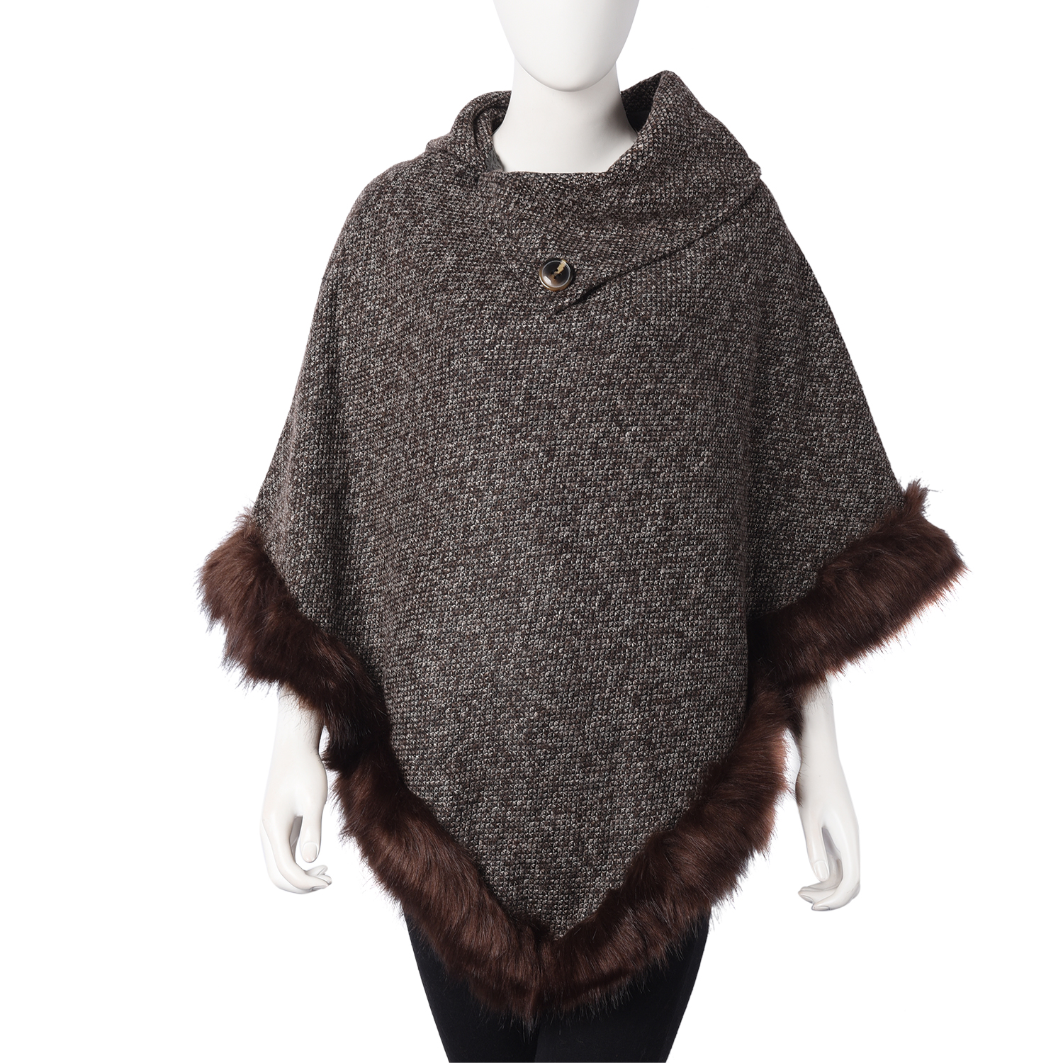 Super Soft Faux Fur Warm Poncho with Fluffy Edges (Size 80x90 Cm) - Brown