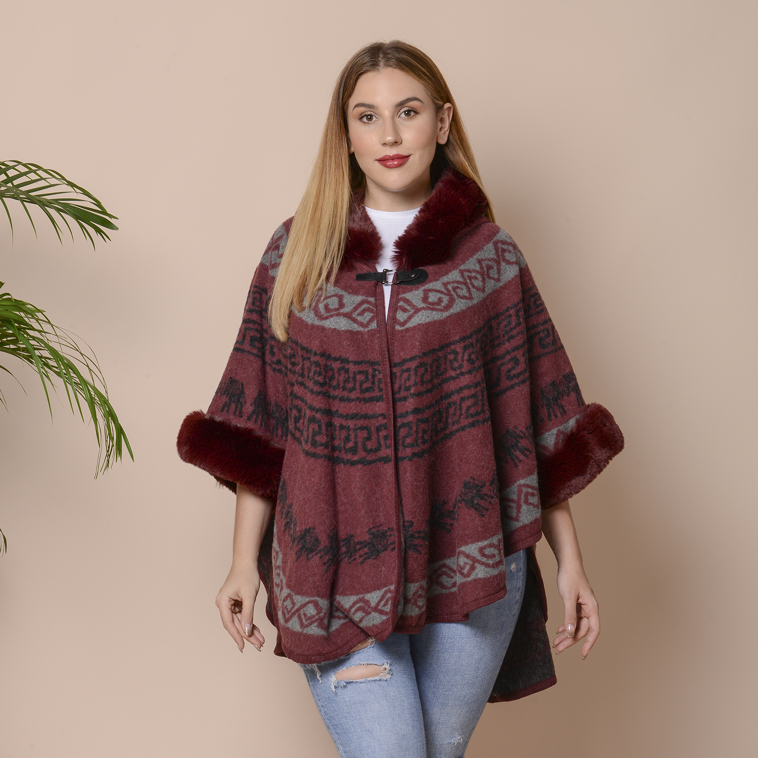 Wine Colour Half Round Shape Blanket Wrap with Faux Fur Collar (Size 109.22 x 80.01cm)