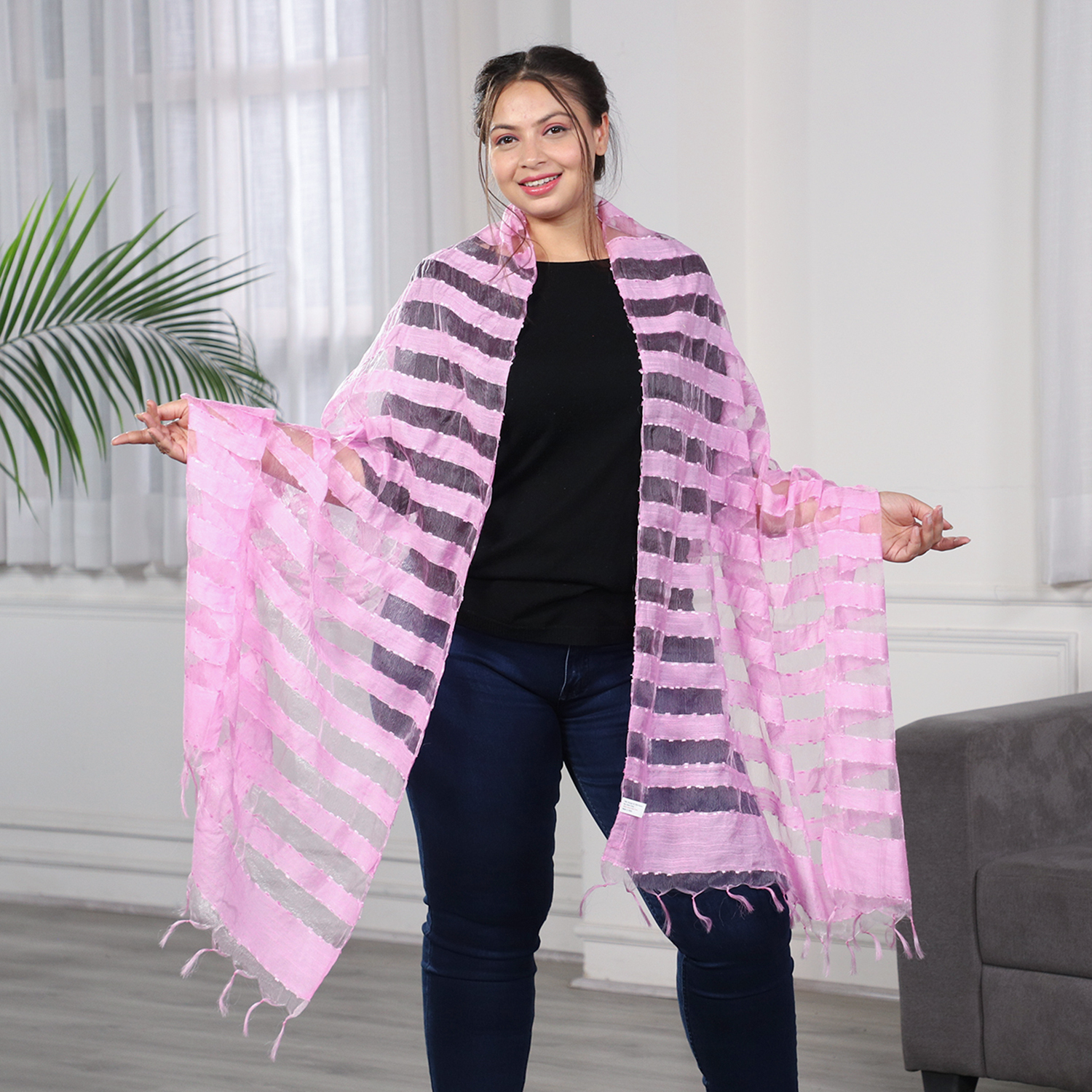 JOVIE - New Season Handmade Scarf with Fringes in Light Pink (Size 76x235cm)