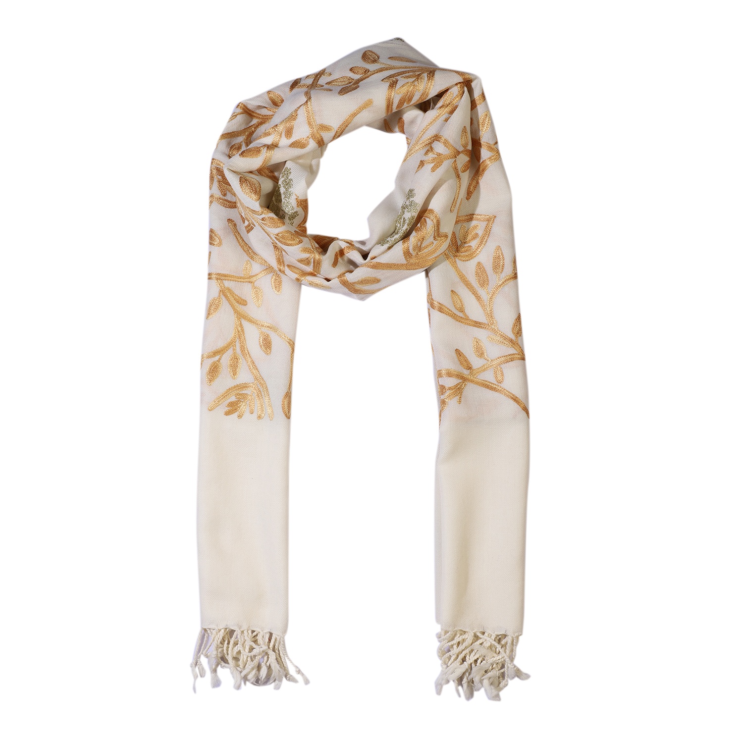 100% Merino Wool Kashmiri  Hand Embroidery (Wool and Gold Tone Thread) Heavy Weight Scarf (Size 195x70 Cm)  - Upto 400 Gms