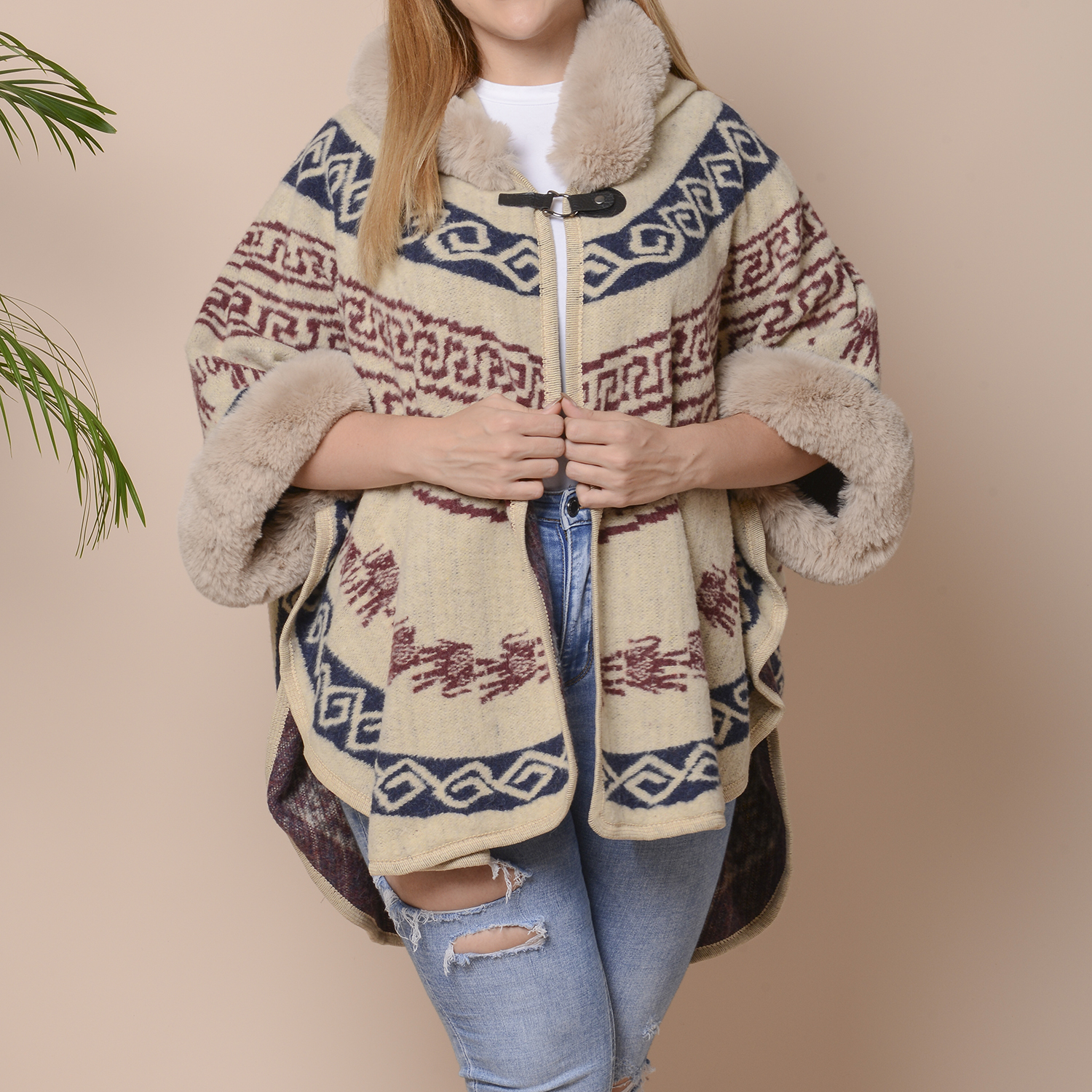Beige, Red & Blue Colour Half Round Shape Blanket Wrap with Faux Fur Collar (Size 109.22 x 80.01cm)