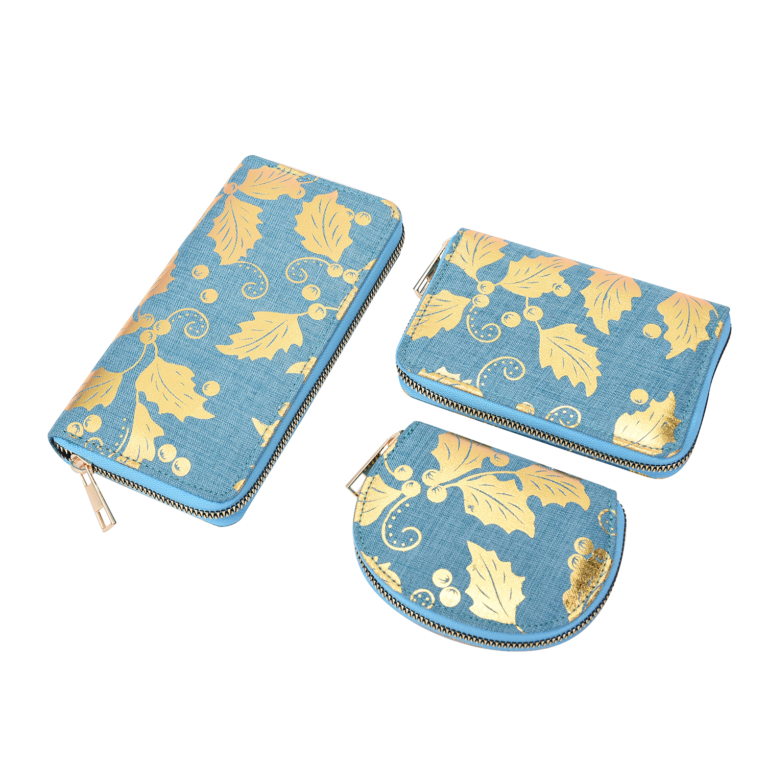 Set of 3 -  Golden Leaves Pattern Jute Wallet with Zipper Closure (Size:19.5x3x9.5Cm) - Light Yellow - RFID Protected