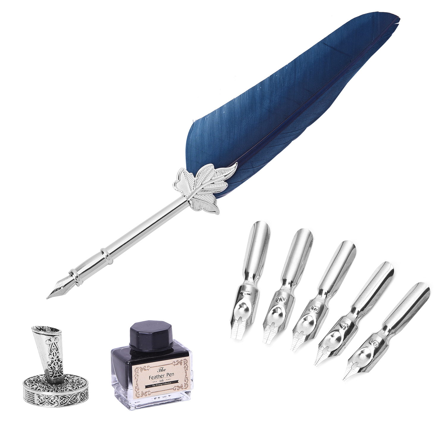 Set of Navy Feather Pen with Pen Stand, Black Ink (15ml) and 6-Different Nip Shapes in Silver Tone