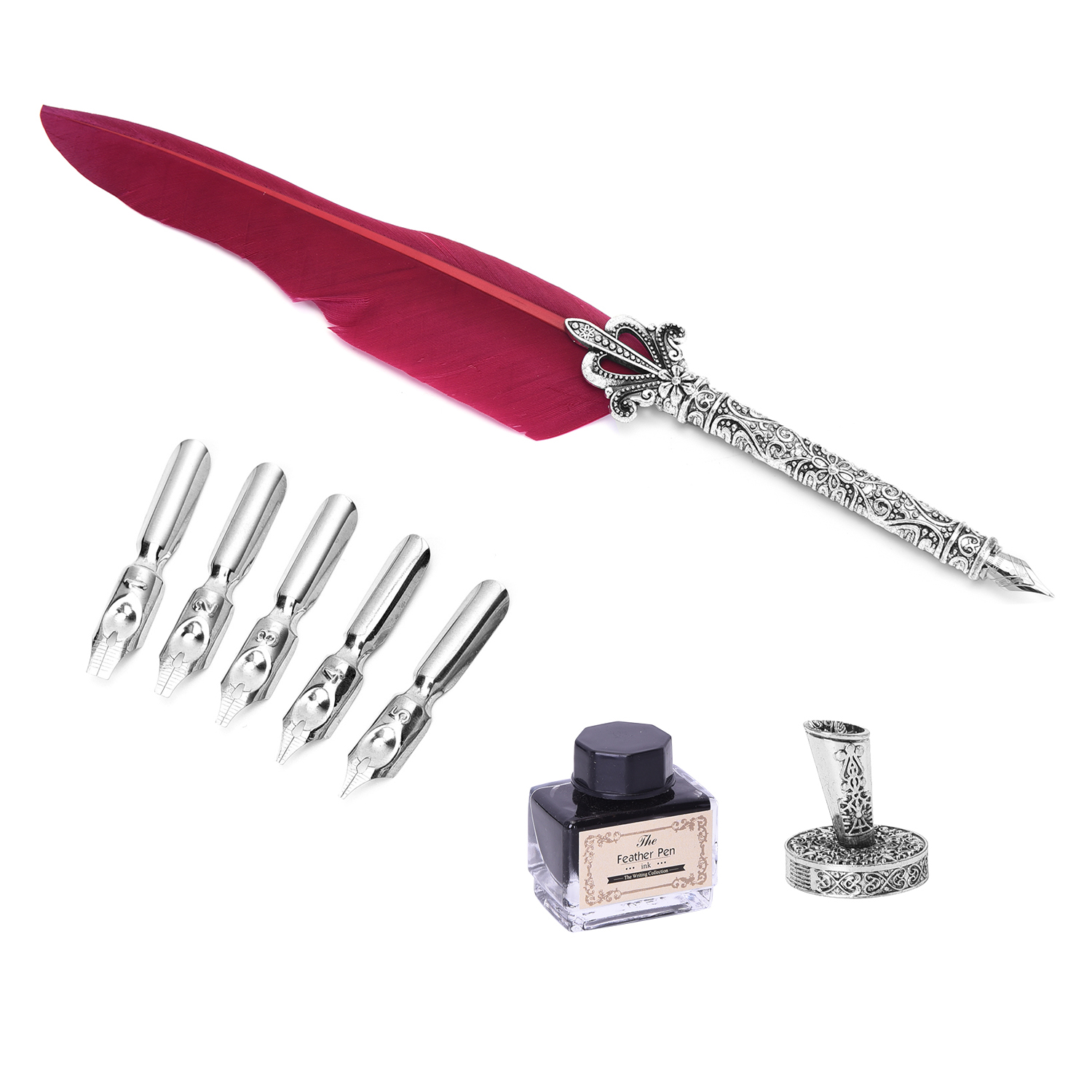 Set of Burgundy Feather Pen with Pen Stand, Black Ink (15ml) and 6-Different Nip Shapes in Silver Tone
