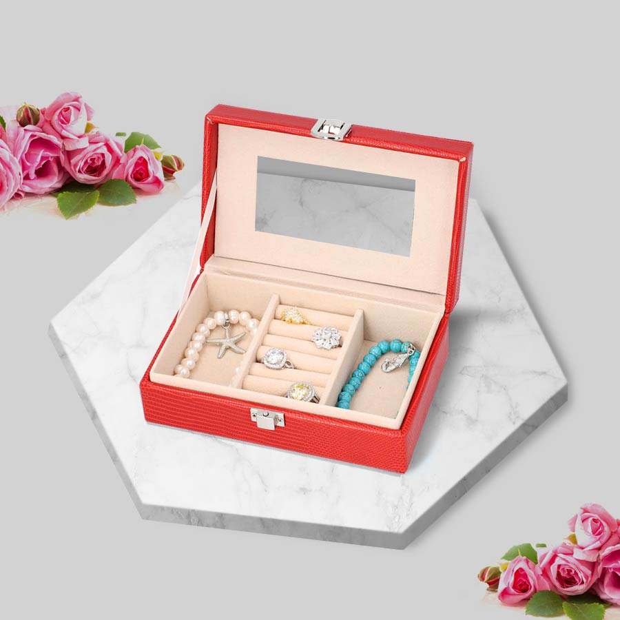 Grace Collection - Lizard Skin Pattern Rectangular Shaped  Anti-Tarnish Jewellery Box with Inside Mirror, Ring Rows & 2 Sections (Size 16x10x6cm) - Red
