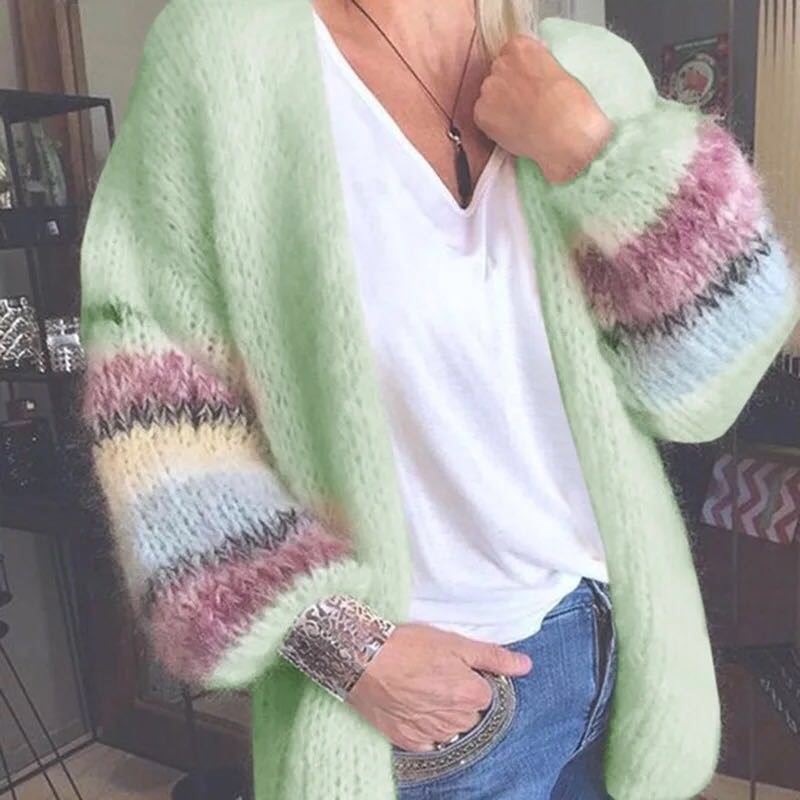 Kris Ana Open-Front Baggy Knitted Cardigan with Rainbow Stripes Pattern Sleeve (Size XL, 14-16) - Lime Green