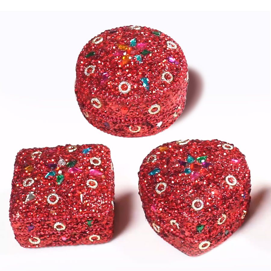 Set of 3 - Sequence Work Square Round and Heart Shape Jewellery Box - Silver