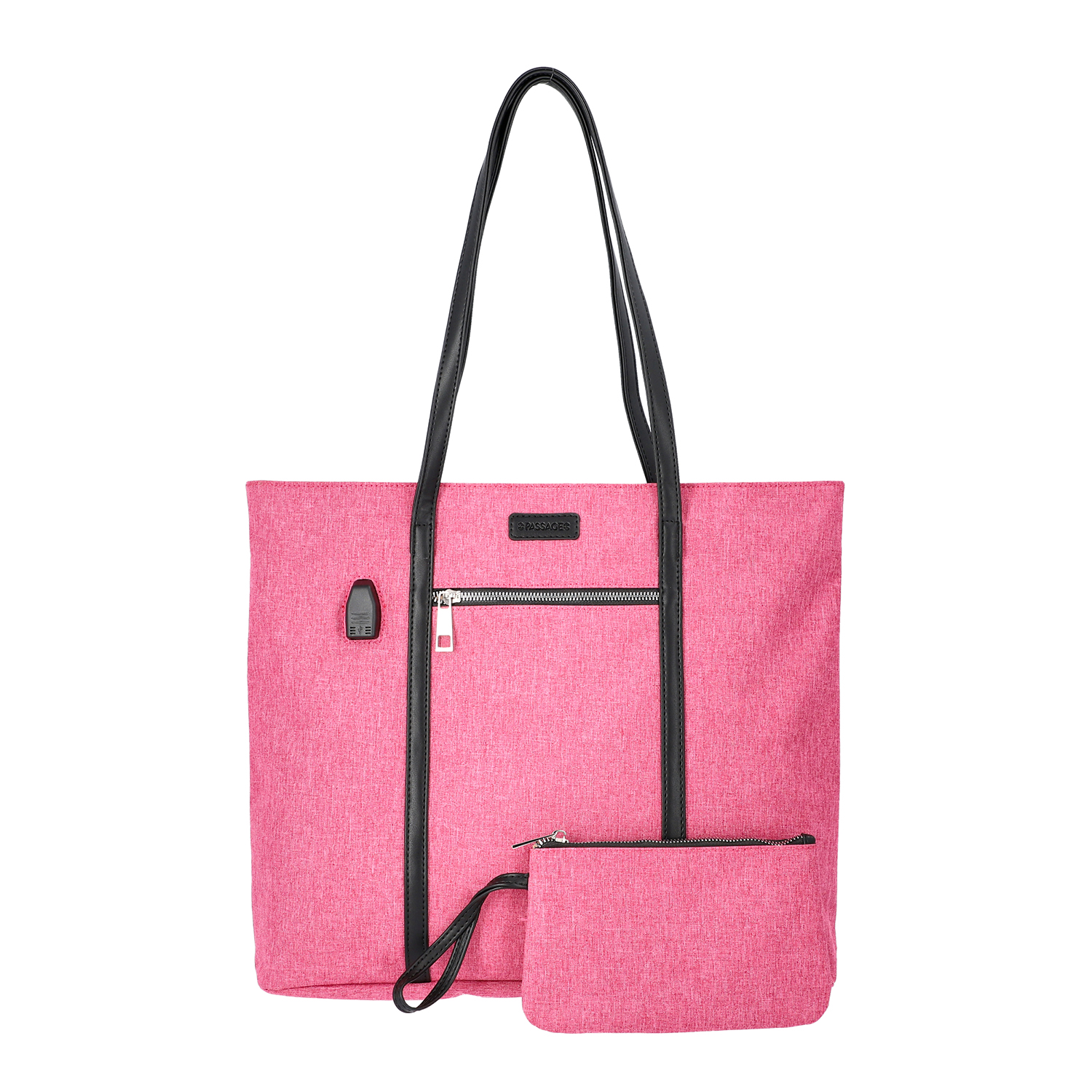 Multi Purpose Zipper Closure Tote Bag (40x13x35cm) with Wristlet (20x12cm) and Power Bank - Pink