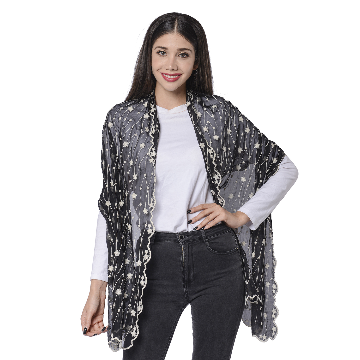 LA MAREY 100% Mulberry Silk Flower Vine Embroidery Pattern Scarf in Black (180x58cm)