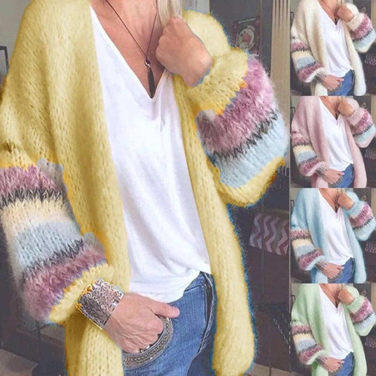 Kris Ana Open-Front Baggy Knitted Cardigan with Rainbow Stripes Pattern Sleeve (Size XL, 14-16) - Yellow