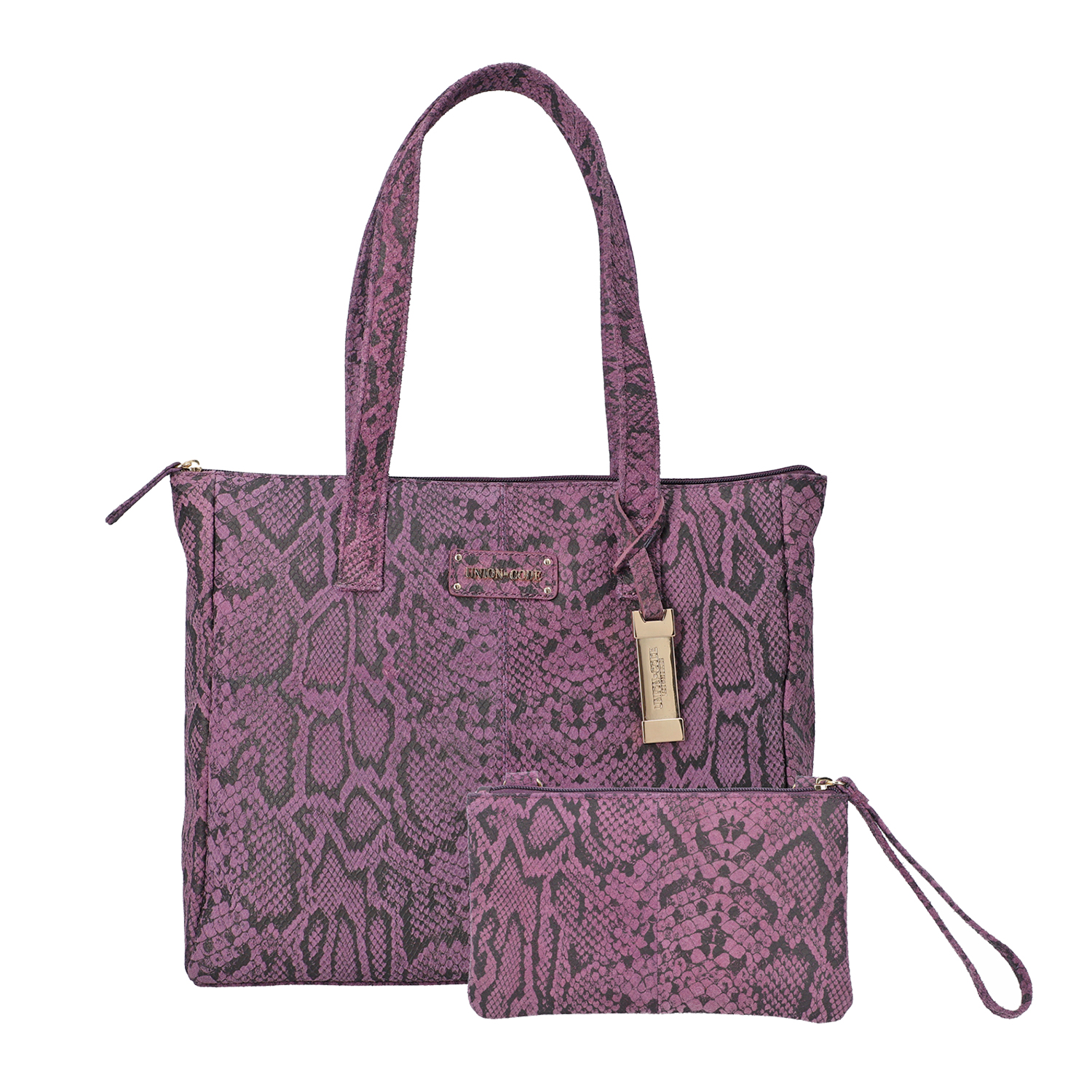 Union Code 100% Genuine Leather Plum Snake-Skin Pattern Tote Bag and RFID Wristlet/Clutch Bag