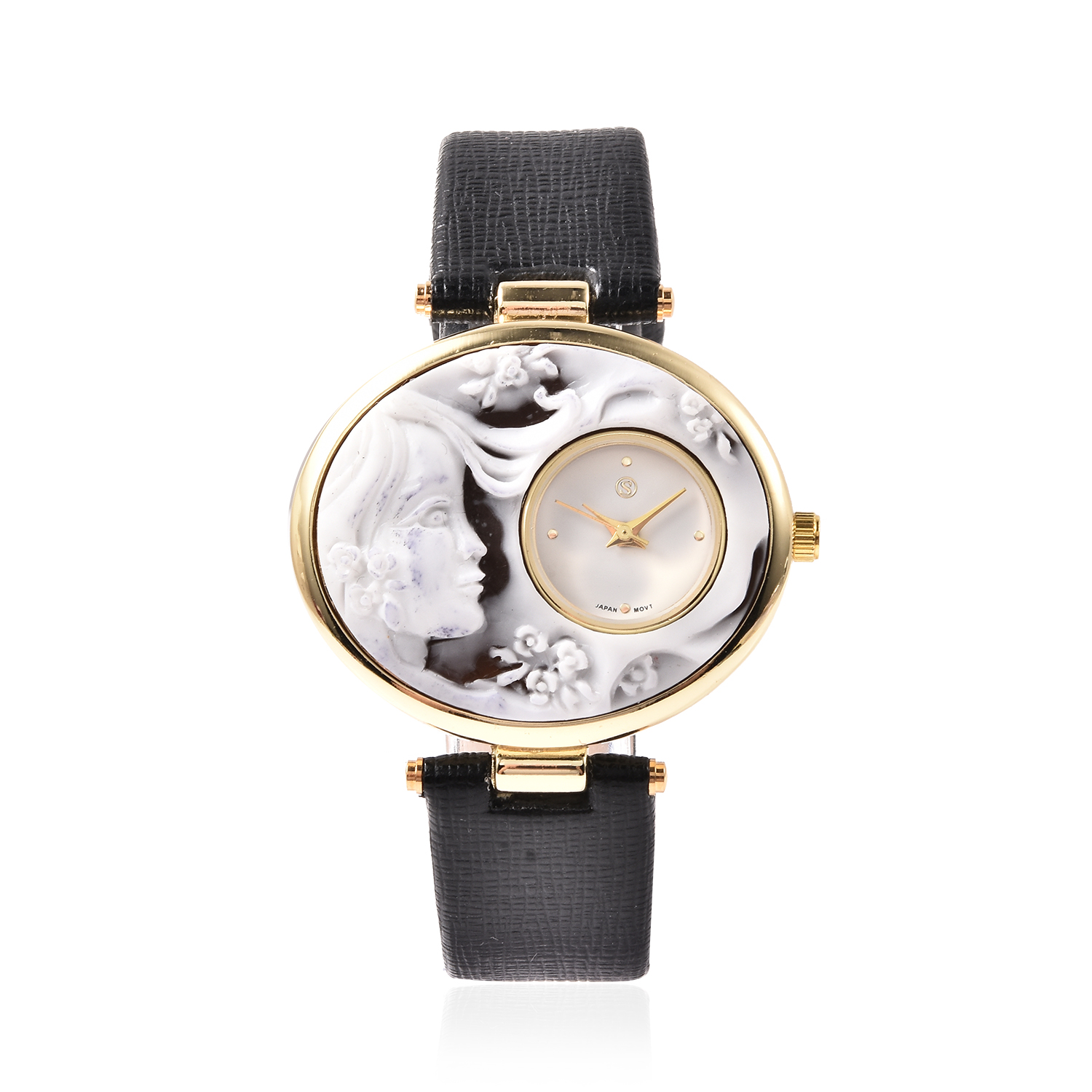 STRADA Japanese Movement Cameo Carved Dial Gold Tone Watch with Black Strap