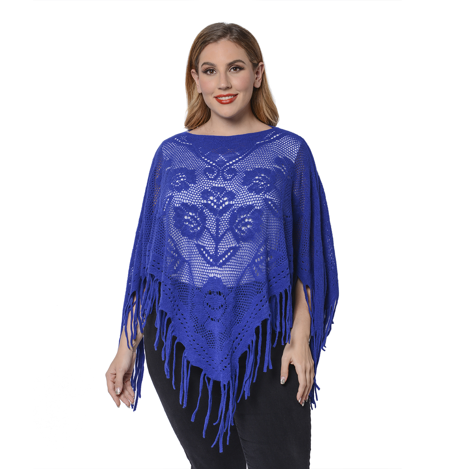 Spring Collection - Rose Pattern Hollow Out Poncho with Fringe Hem in Blue (Free Size; Length 50Cm)