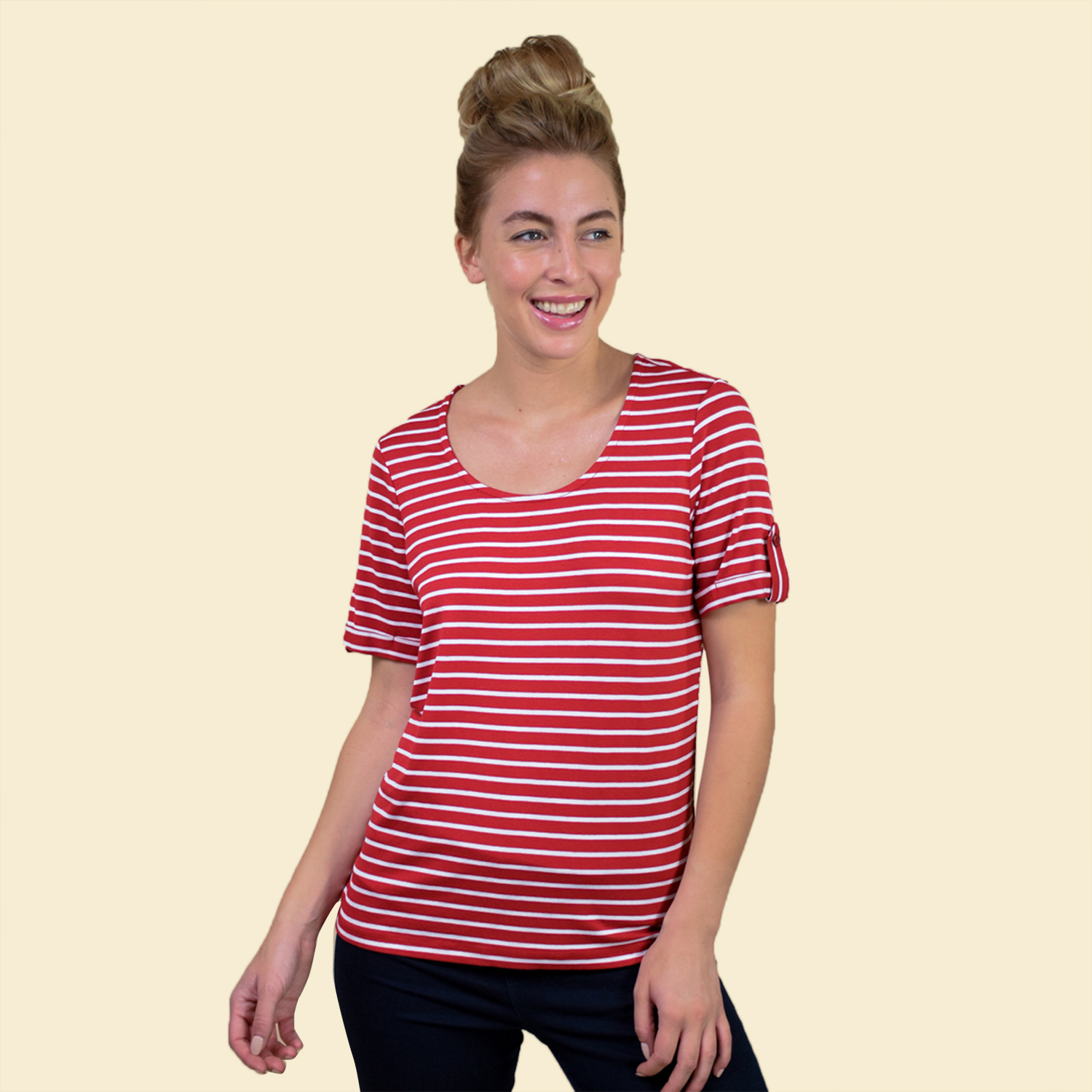 VISCOSE Stripe Jersey Scoop Neck Tee; Stripped style never goes out of fashion; Perfect choice of casual wear flatteringly styled with a scoop neckline; Expertly fashioned in 200gsm viscose,