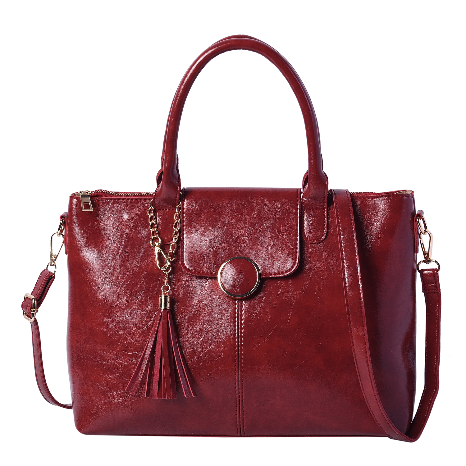 Solid Red Tote Bag (35x12x26cm) with Adjustable Shoulder Strap and Tassel