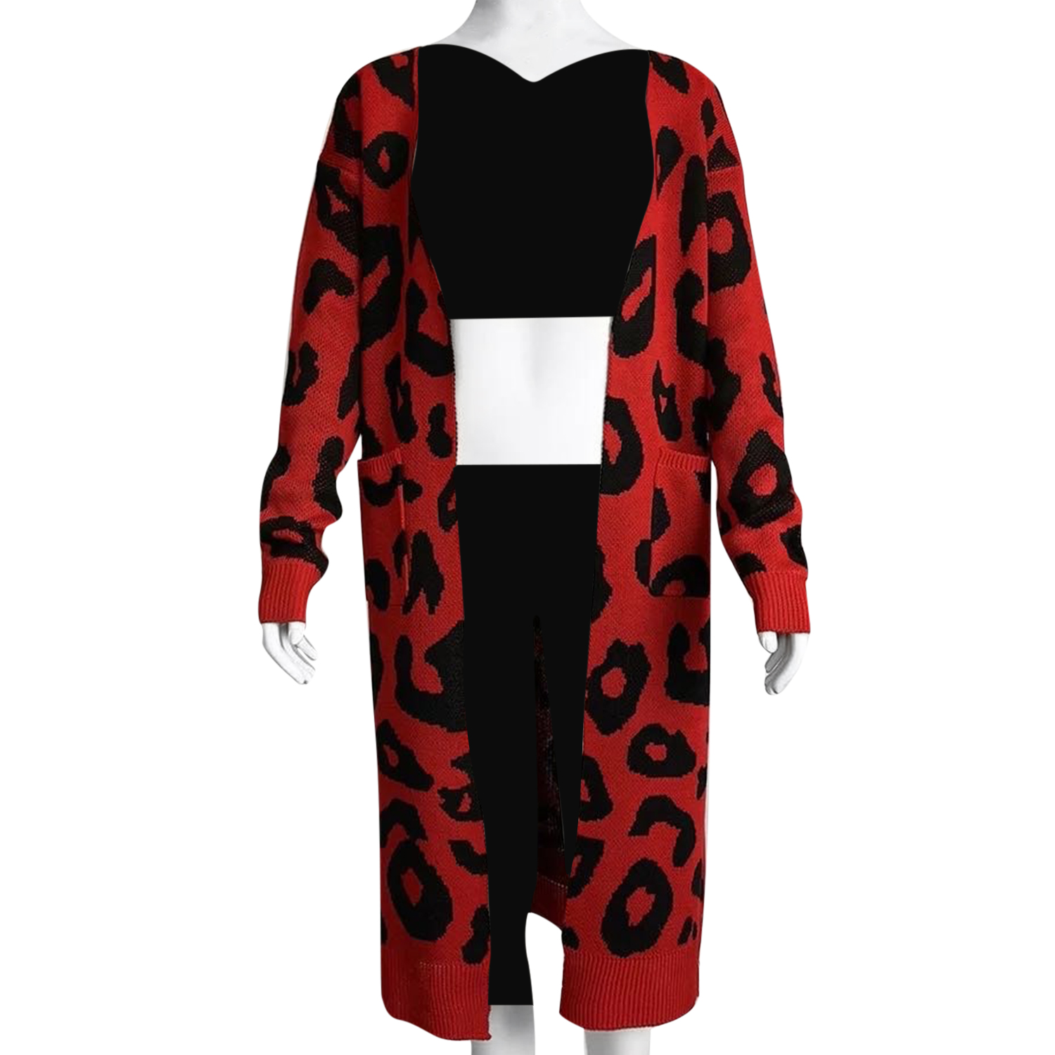 Kris Ana Animal Print Longline Wool Cardigan One Size (8-18) - Red