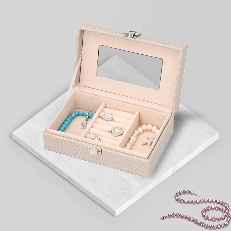 Grace Collection - Lizard Skin Pattern Rectangular Shaped  Anti-Tarnish Jewellery Box with Inside Mirror, Ring Rows & 2 Sections (Size 16x10x6cm) - Ivory