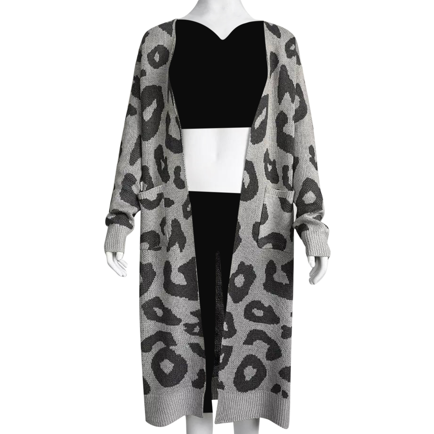 Kris Ana Animal Print Longline Wool Cardigan One Size (8-18) - Grey