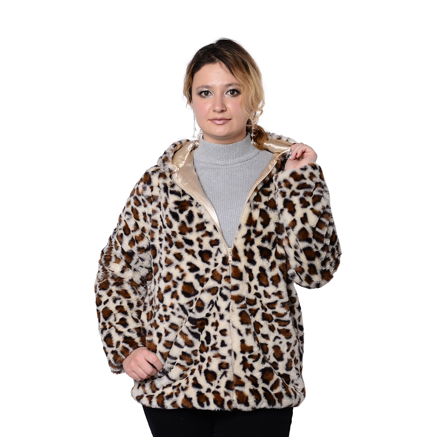 Super Soft Faux Fur Leopard Pattern Coat in Brown (Size XXL)