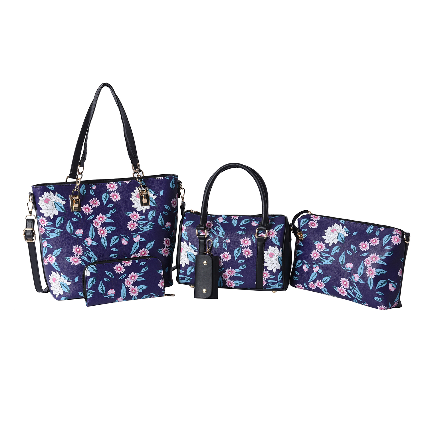 Set of 5 - Floral Pattern Tote Bag (29x12.5x30cm), Convertible Bag (27.5x13x19cm), Crossbody Bag (12.5x9x22cm), Wallet 19x2x10cm) & Key Bag (6x10cm) - Black and Navy