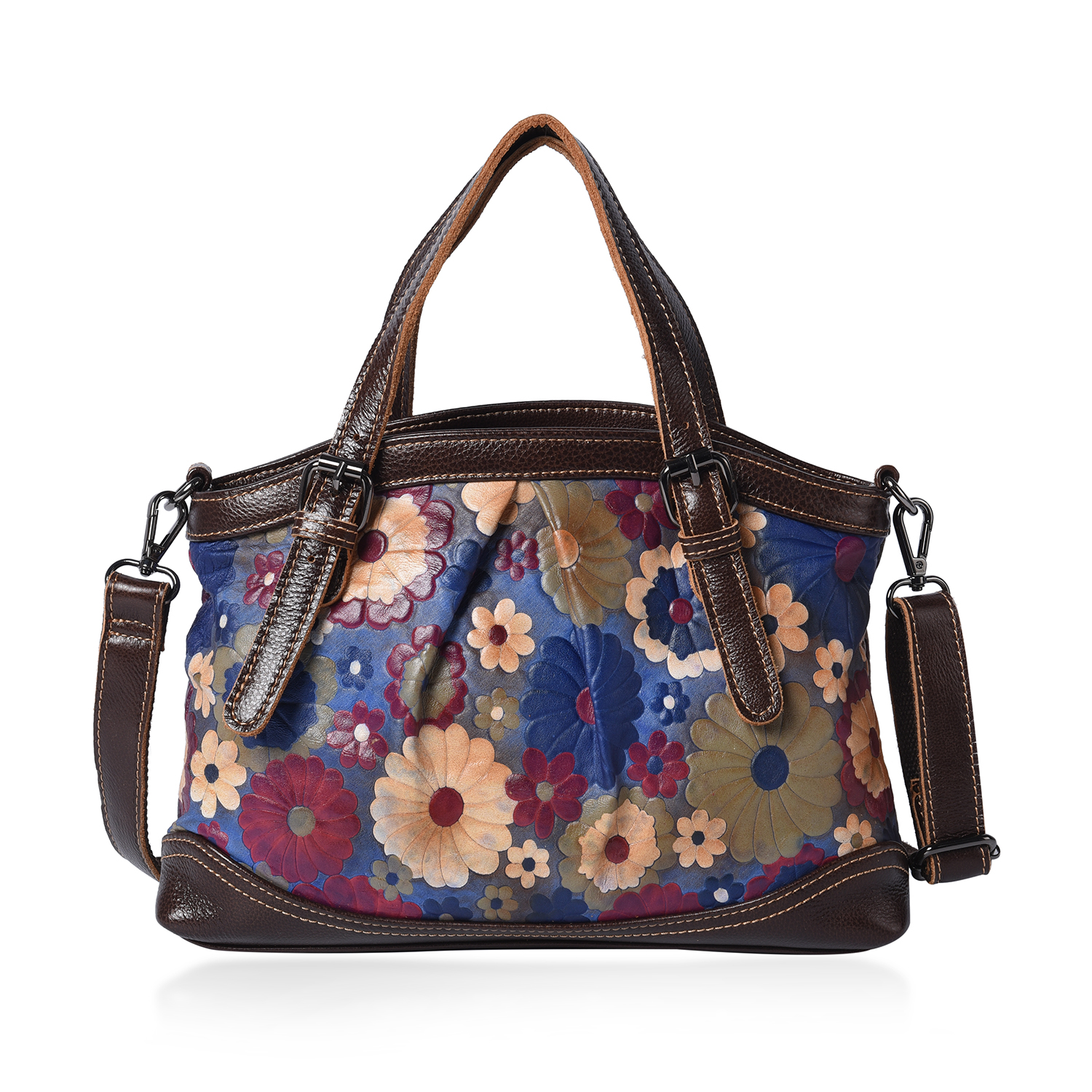 100% Genuine Leather Embossed Floral Pattern Satchel Bag (Siz3 31x9x21cm) - Blue and Multi Colour