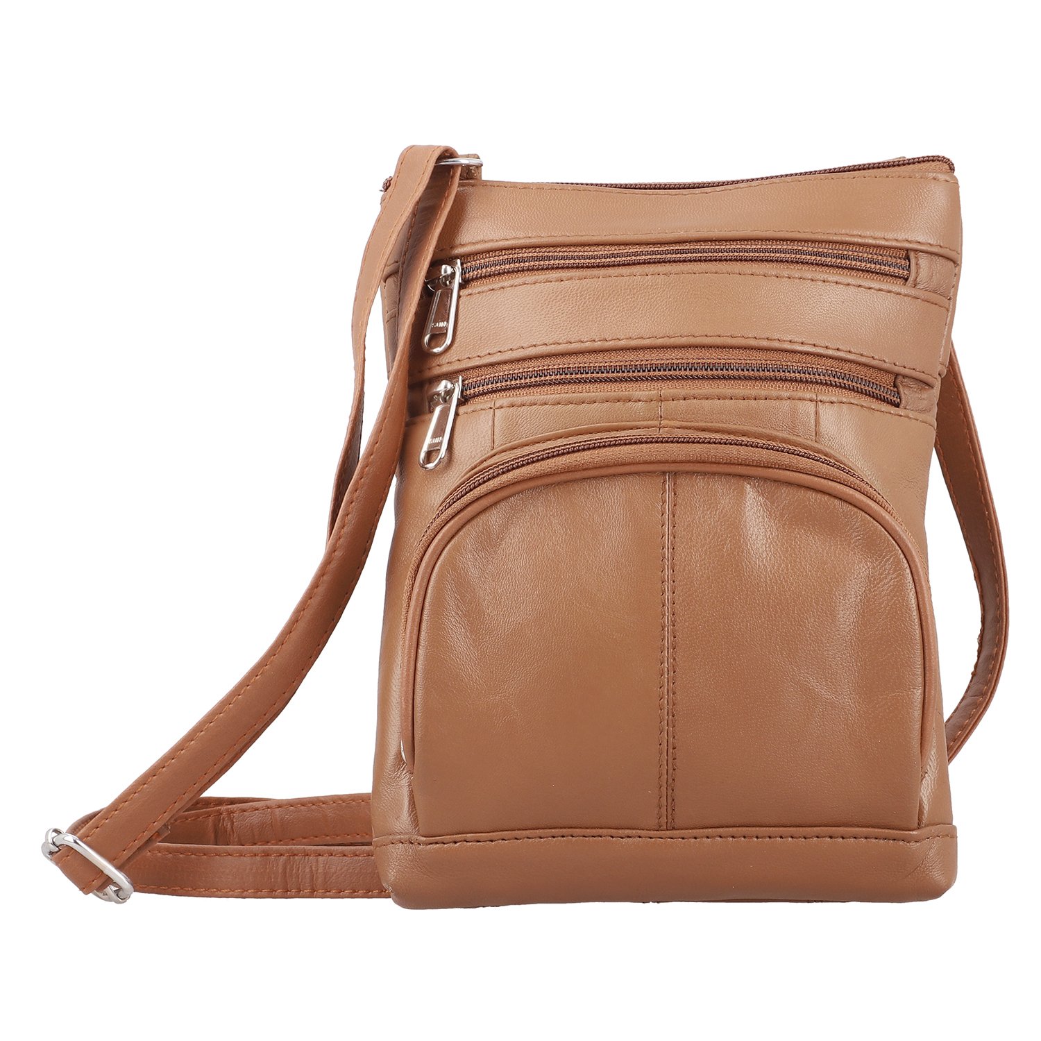 Genuine Leather Crossbody Handbag with Adjustable long strap Tan 