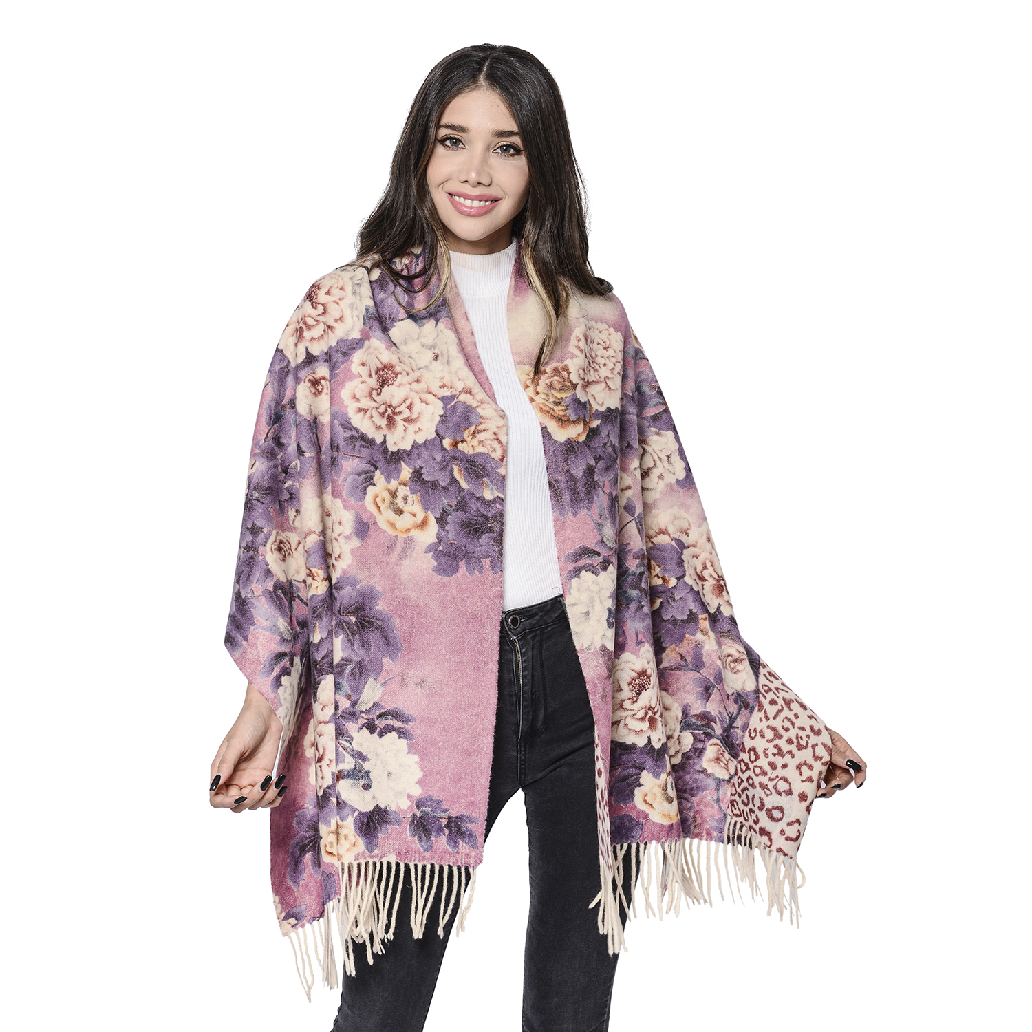 LA MAREY Super Soft 100% Lambswool Reversible Beige Leopard and Dusty Pink Floral Pattern Shawl with Tassels (180x65cm)