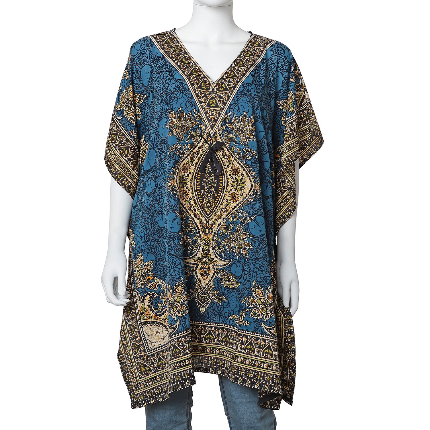 Blue Colour Tribal Printed V- neck Kaftan (One Size; 91.44x104.14 Cm)