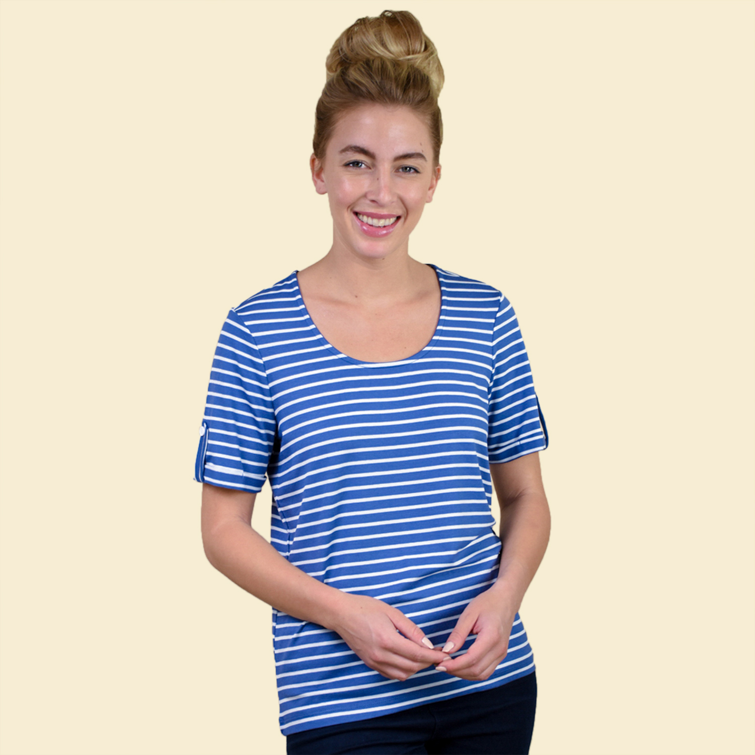 VISCOSE Stripe Jersey Scoop Neck Tee; Stripped style never goes out of fashion; Perfect choice of casual wear flatteringly styled with a scoop neckline; Expertly fashioned in 200gsm viscose,