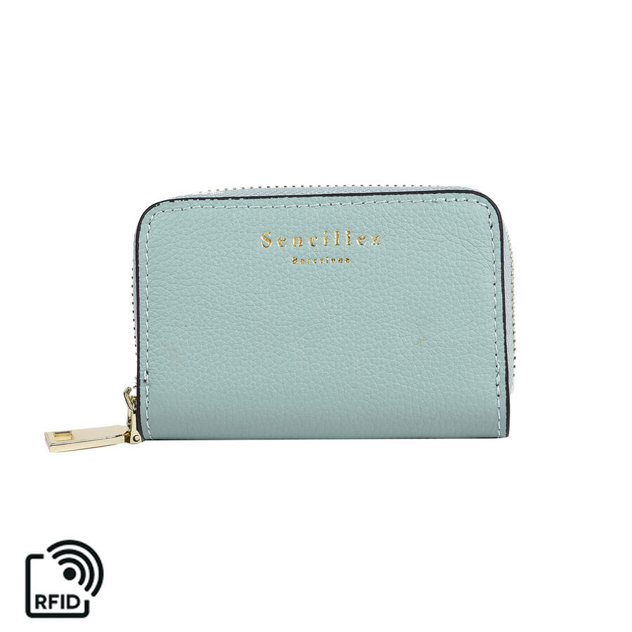 SENCILLEZ Genuine Leather RFID Protected Card Holder with Zipper Closure (Size 11x7x2.5 Cm) - Mint Green