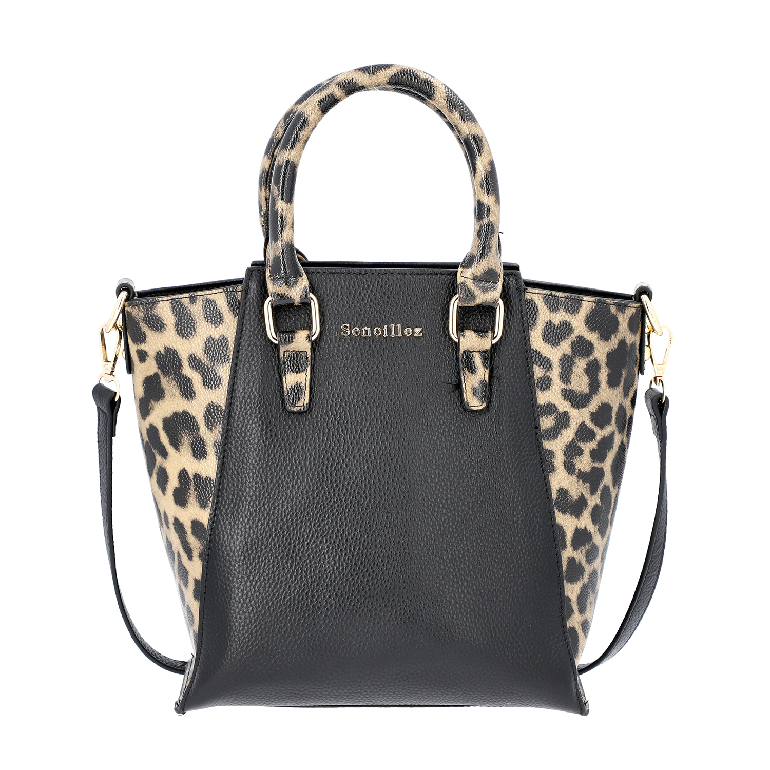 Sencillez 100% Genuine Leather Leopard Printed Handbag with Detachable Shoulder Strap (Size 23x11.5x26cm) - Black