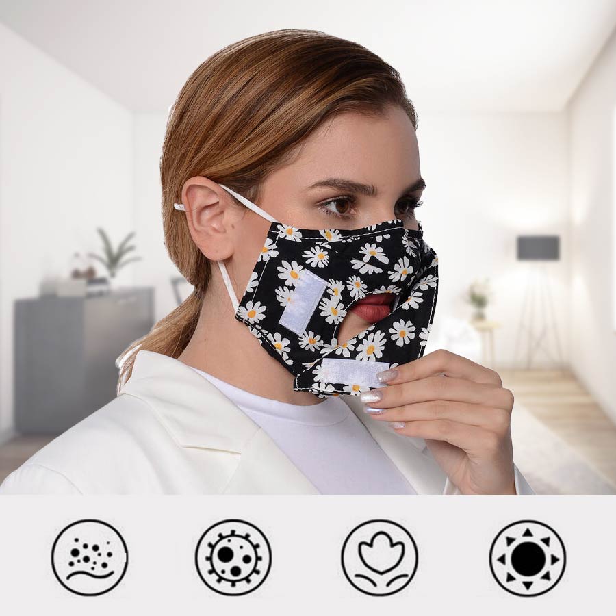 Daisy Pattern Double Layer Open Mouth Reusable Face Covering with Adjustable Ear Loop (Size 22x18 Cm) - Black & White