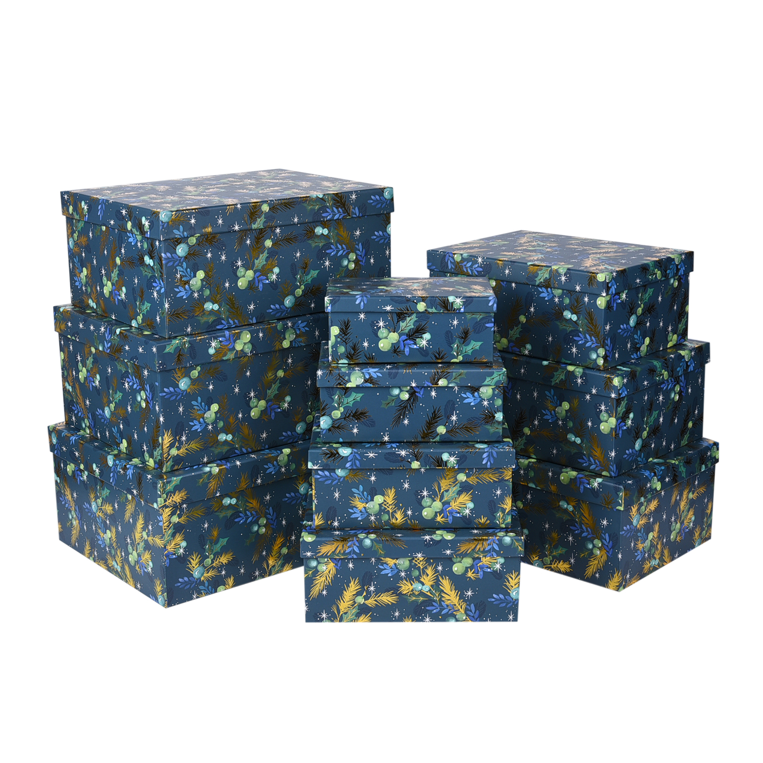 Set of 10 - Christmas Pine Cones with Leaves Pattern Gift Boxes - White and Red