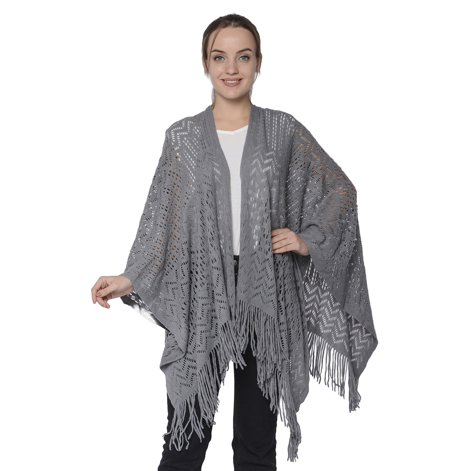Hollow Out Knit Kimono with Tassels (60x125+10cm) - Grey