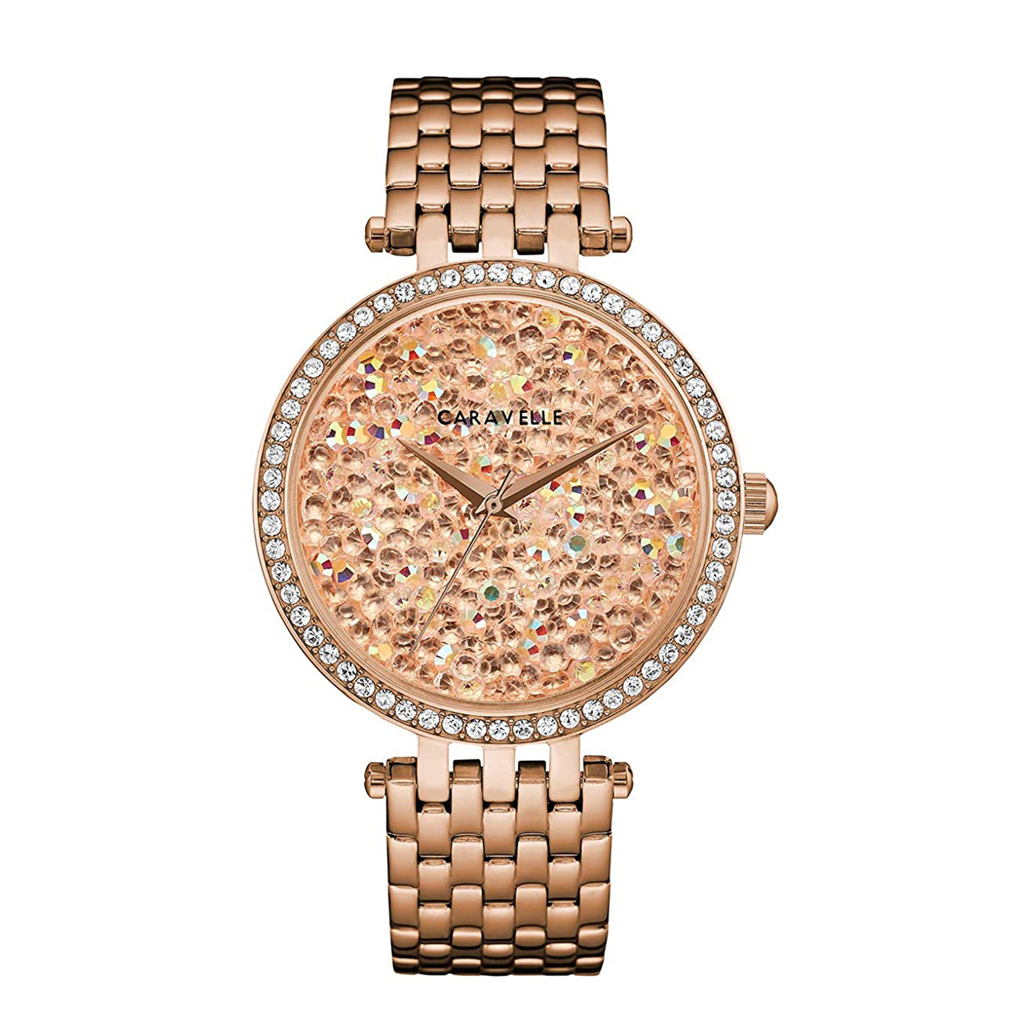 CARAVELLE Womens Modern Crystal Rock Dial Bracelet Watch in Rose Gold Tone - 40mm - up to 9in