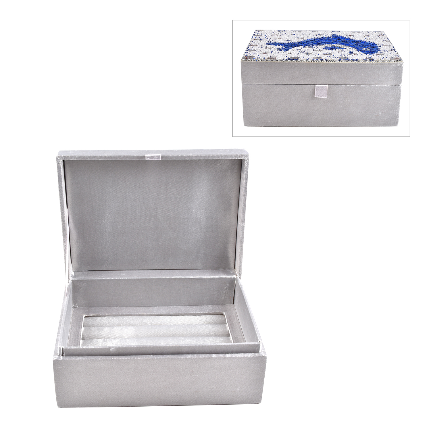 Handcrafted Ring Box With Beaded Fish Design and Grey Velvet Exterior and Interior