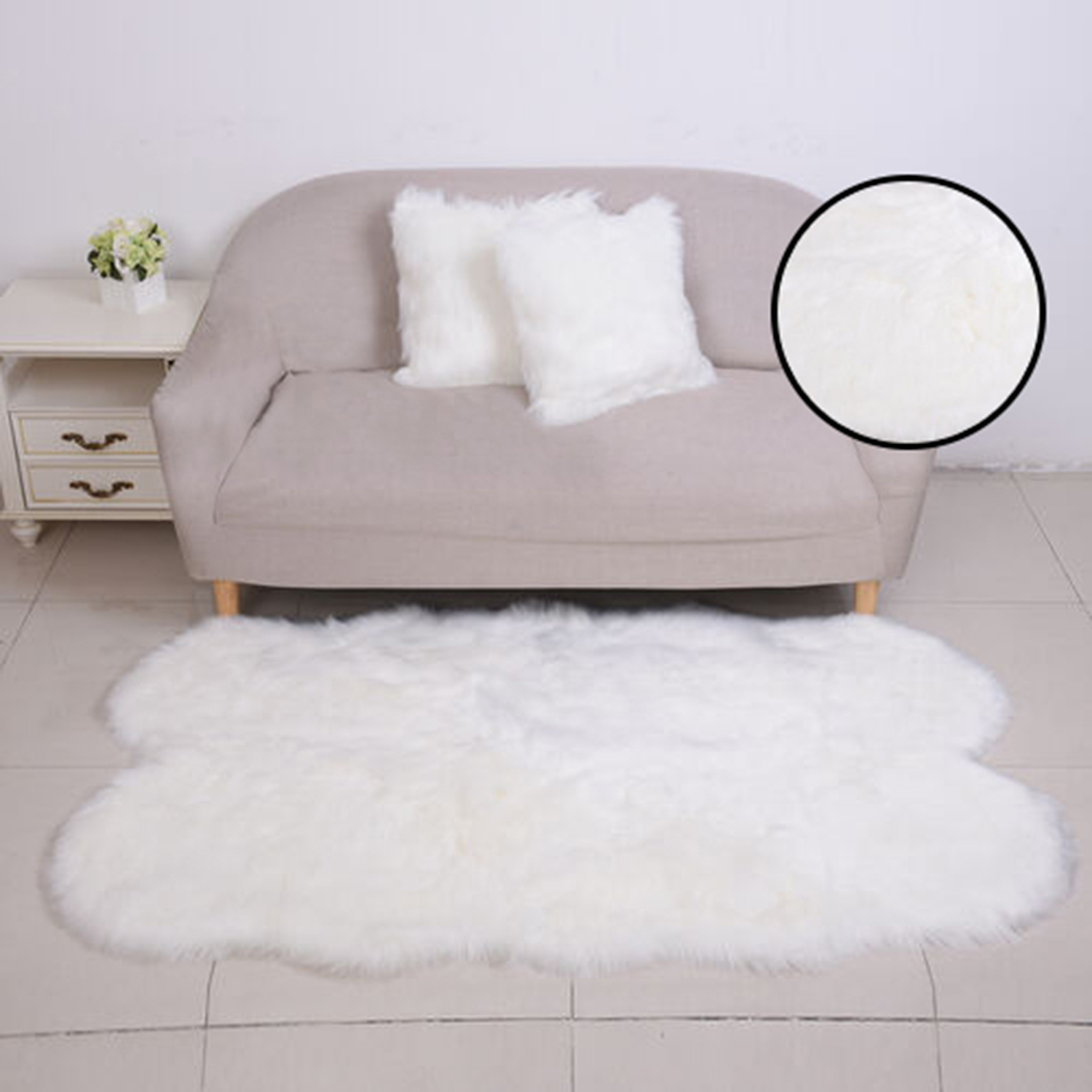 3 Piece Set - Long Pile Faux Fur Rug (100x180cm) with 2 Sofa Cushion Covers (43x43cm-2Pcs) - White